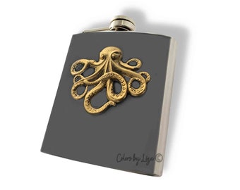 Octopus Flask Inlaid in Hand Painted Gray Opaque Enamel Nautical Design with Personalized and Color Options