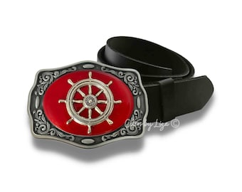 Antique Silver Ships Wheel Belt Buckle Inlaid in Hand Painted Red Enamel Vintage Style Resort Design with Custom Colors Available