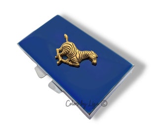 Antique Gold Zebra Pill Case: Hand Painted Cobalt Blue, Personalized Option