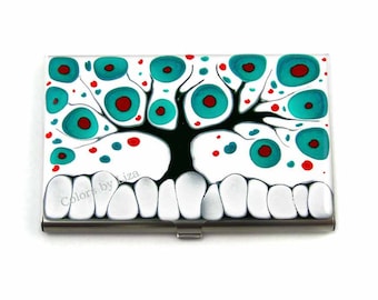 Tree of Life Business Card Case in Hand Painted Enamel Teal Red Black and White with  Personalized and Custom Color Options