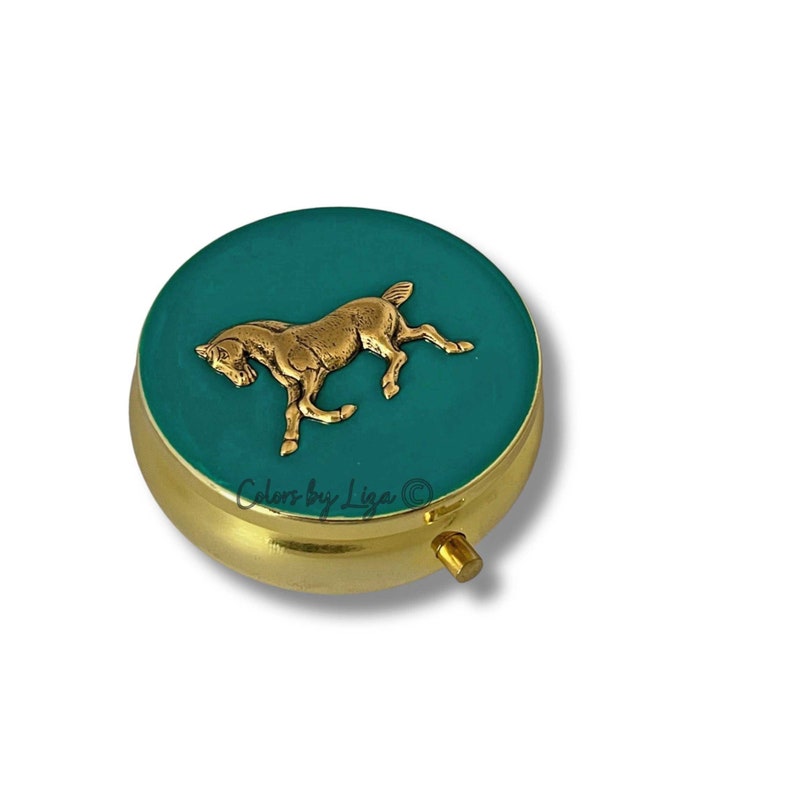 Antique Gold Horse Pill Box Inlaid in Hand Painted Glossy Teal Enamel Vintage Style with Personalize and Color Options Available image 1