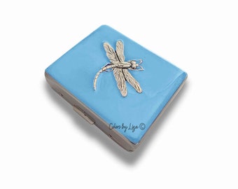 Dragonfly Pill Box with 8 Covered Compartments Inlaid in Hand Painted Sky Blue Enamel Art Nouveau Design with Personalized and Color Options