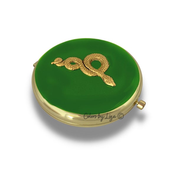 Antique Gold Snake Compact Mirror inlaid in Green Enamel Art Deco Serpent Design Hand Painted Enamel with Personalized and Color Options