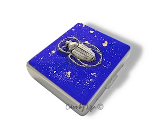 Antique Silver Scarab Weekly Pill Box Hand Painted Cobalt Blue with Gold Splash Enamel  with Personalized and Color Options Available