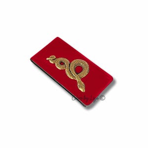 Pinza para billetes antigua de serpiente dorada, inspirada en la serpiente gótica, estilo vintage, regalo personalizado y opciones de color, en esmalte rojo pintado a mano.