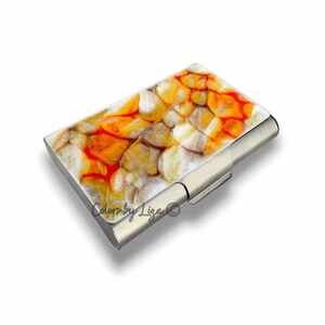 Große Metall Kartenetui handbemalt Orange, Taupe und weiße Emaille Metall Brieftasche Quarz inspiriert mit personalisierten Optionen