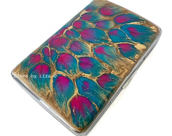 Peacock Metal Cigarette Case Hand Painted Enamel Fuchsia Turquoise and Gold Wallet Personalized and Options Available