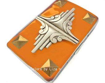 Art Deco Metal Cigarette Case Inlaid in Hand Painted Enamel Orange Opaque  Metal Wallet with Color Options and Personalized Options