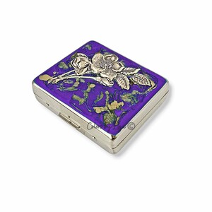Art Nouveau Flowers Weekly Pill Box inlaid in Hand Painted Purple and Gold Enamel Quartz Design with Personalized and Color Options