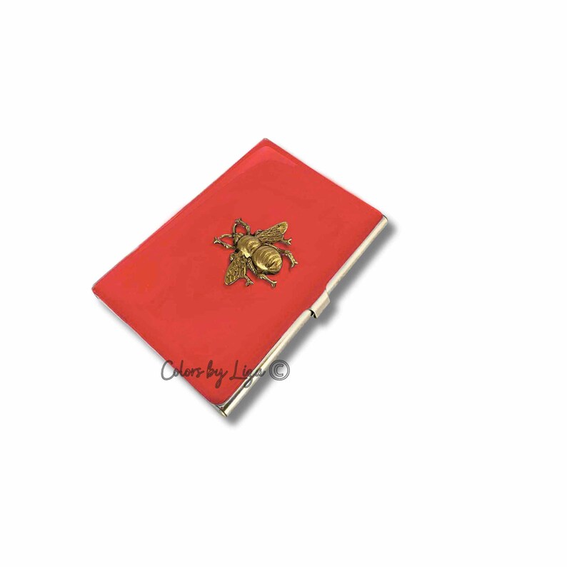Estuche para tarjetas de visita con diseño de abeja pintado a mano: incrustaciones de oro antiguo, personalizado imagen 8
