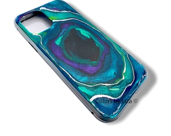 Geode Phone Case in Hand Painted Glossy Turquoise Teal and Purples Enamel Quartz Inspired 360 Case with Assorted Colors Available