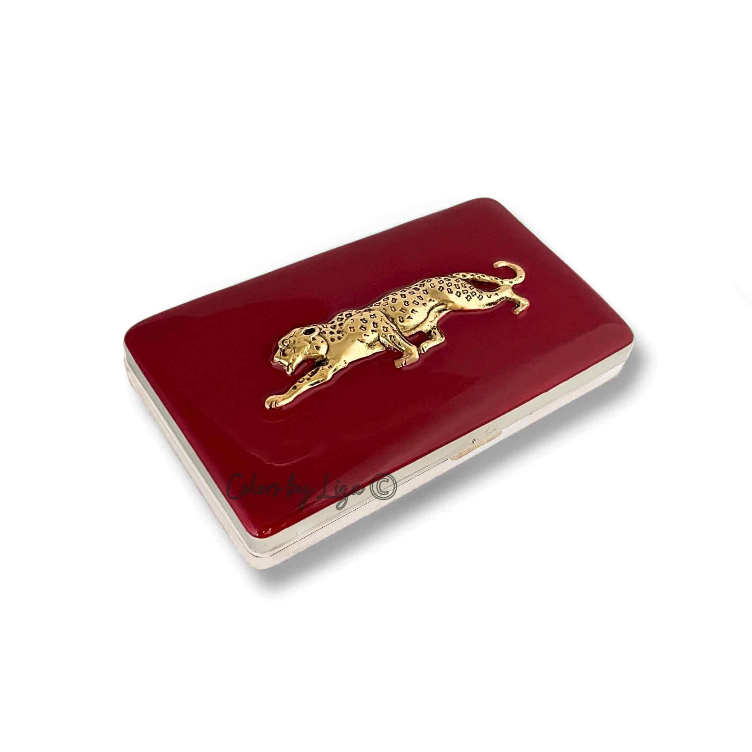 Gold Leopard Pill Box: Red Enamel, Art Deco Design Personalized