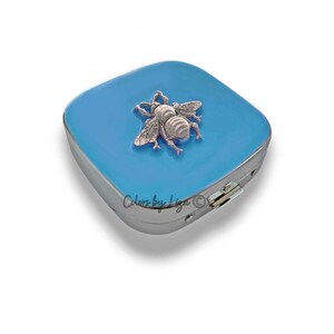 Antique Silver Bee Pill Box: Hand Painted River Blue Enamel