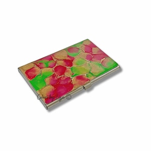Handbemalter Visitenkartenetui, Metallbrieftasche, personalisiertes Geschenk und Farboptionen, Fuchsia, Grün und Gold Emaille
