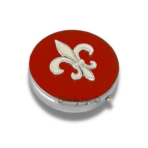 Antique Silver Fleur de Lis Round Pill Box Inlaid in Hand Painted Red Enamel Vintage Style Personalized and Color Options Available