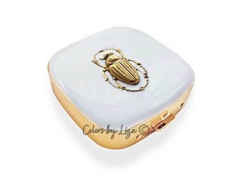 Antique Gold Scarab Pill Box Inlaid in Glossy White Opaque Enamel Art Deco Egyptian Beetle with Personalize and Color Option