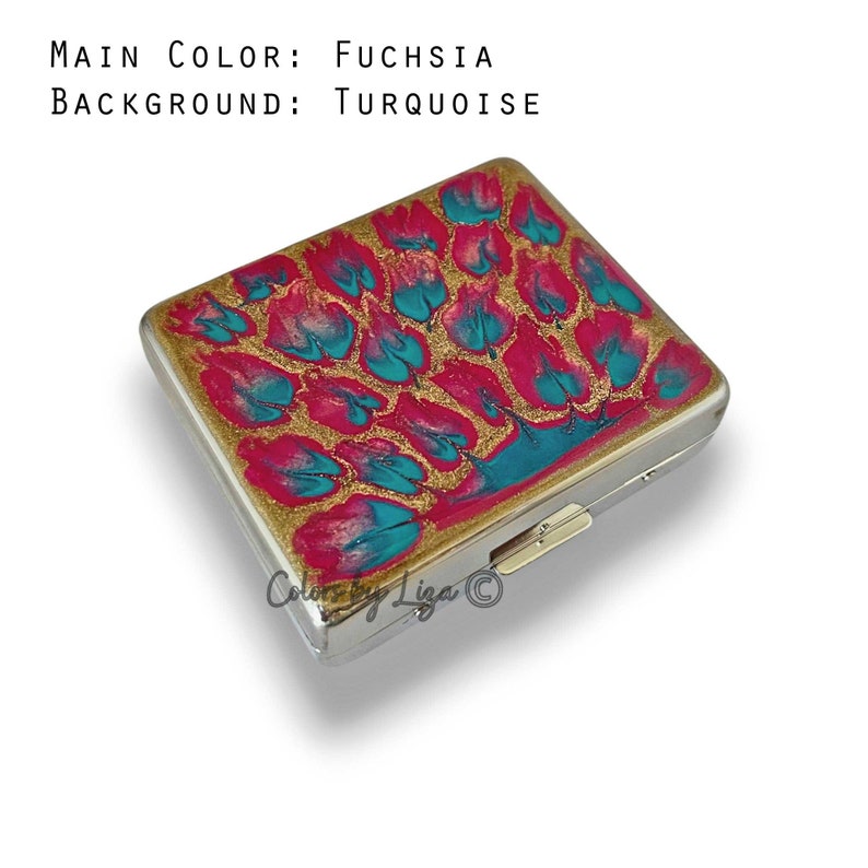 Peacock Design Weekly Pill Case with 8 Daily Compartments and Lids in Hand Painted Turquoise and Fuchsia Enamel Personalize and Color Option image 10