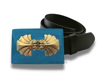 Baroque Style Belt Buckle in Hand Painted Turquoise Opaque Enamel Belt Buckle for Snap Belts Rococo Inspired with Custom Colors Available