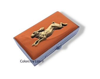 Running Hare Pill Box Hand Painted Orange Enamel Vintage Style Woodland Inspired Case with Personalized and Color Options