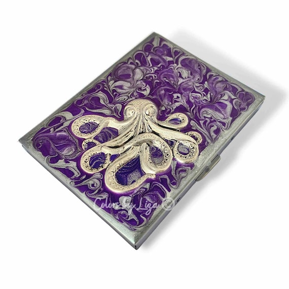 Antique Silver Octopus Cigarette Case, Hand-painted Turquoise Swirl