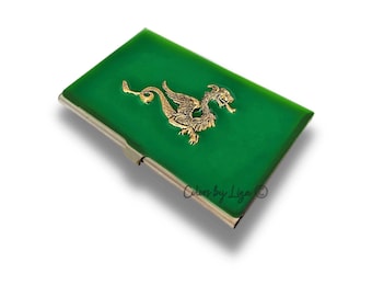 Antique Gold Dragon Card Case Inlaid in Hand Painted Green Enamel Vintage Medieval Style with Personalize and Color Options Available