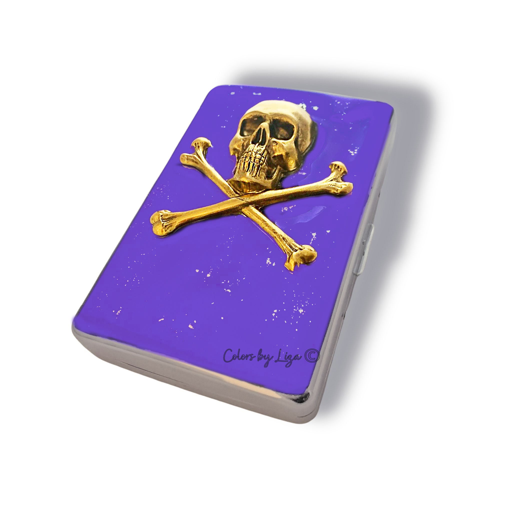 Antique Gold Skull and Crossbones Cigarette Case Inlaid in Hand Painted Purple with Silver Splash Enamel with Personalized and Color Options