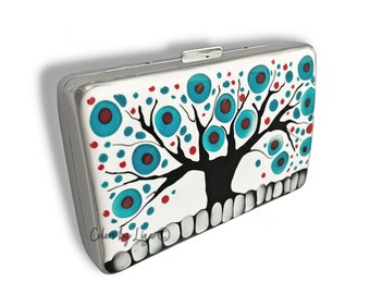 Tree of Life Hand Painted Cigarette Case Turquoise and Red Enamel Mod Inspired with Personalized and Color Options