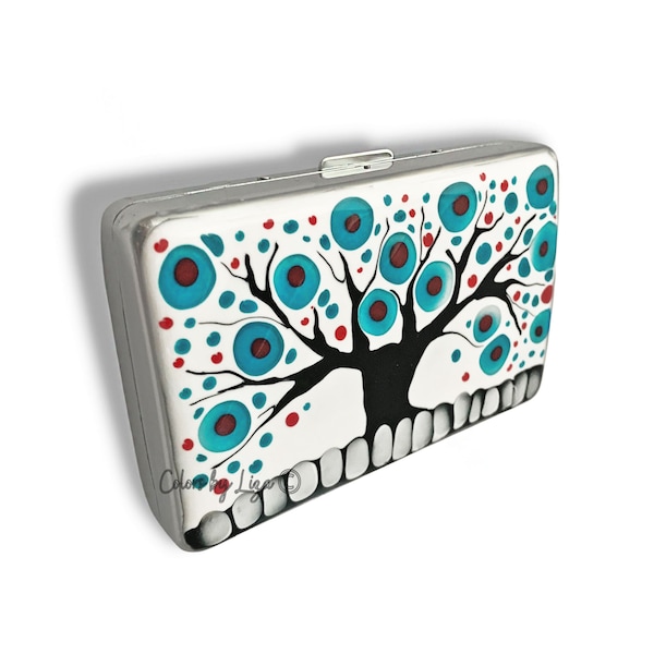 Tree of Life Hand Painted Cigarette Case Turquoise and Red Enamel Mod Inspired with Personalized and Color Options