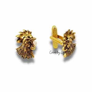 Rooster Head Cufflinks: Antique Gold Art Deco Style