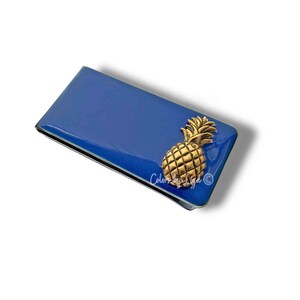Antik Gold Ananas Geldklammer in handbemalt Kobalt Blau Opak Emaille Resort Stil mit personalisierten und farblichen Optionen