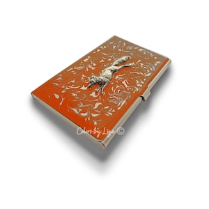Antieke Zilveren Fox Business Card Case Ingelegd in handgeschilderde Oranje Swirl Emaille Vintage stijl personaliseer en kleuropties beschikbaar