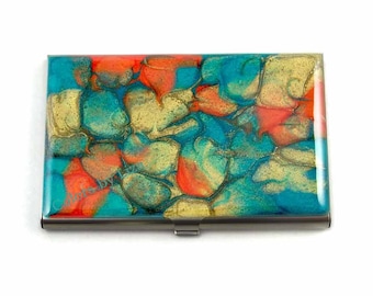 Hand Painted Business Card Case in Orange and Turquoise Enamel Quartz Inspired with Personalized and Color Options Available