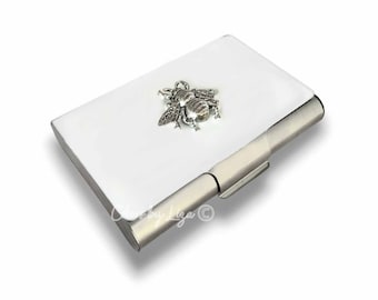 Antique Silver Bee Business Card Case: Hand Painted Enamel, Personalized