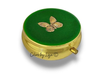 Antique Gold Butterfly Pill Box Inlaid in Hand Painted Green Opaque Art Nouveau Style with Personalized and Color Options