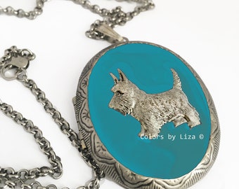 Scottie Locket Painted in Glossy Turquoise Blue Enamel Pill Box Necklace Art Deco Dog Design Personalize and Color Options