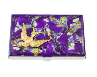 Art Nouveau Bird Inlaid in Hand Painted Enamel Purple Quartz Design Metal Wallet with Enraved Personalized and Custom Color Option