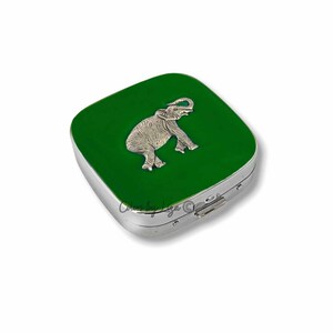 Antique Silver Elephant Pill Box: Green Enamel Art Deco, Personalized Option
