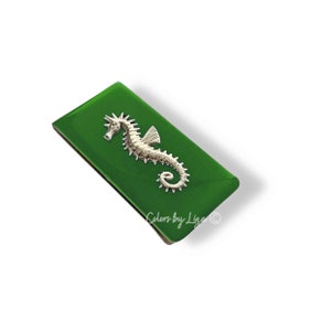 Antique Silver Seahorse Money Clip inlaid in Hand Painted Green Opaque Enamel Nautical Design with Personalized and Assorted Color Options