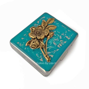 Turquoise Floral Pill Case: Victorian Bouquet, 8-Compartment, Personalized Option