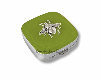 Antique Silver Bee Pill Box: Chartreuse Enamel, Victorian Style, Personalized