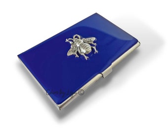 Antique Silver Bee Business Card Case: Hand Painted Cobalt Art Nouveau