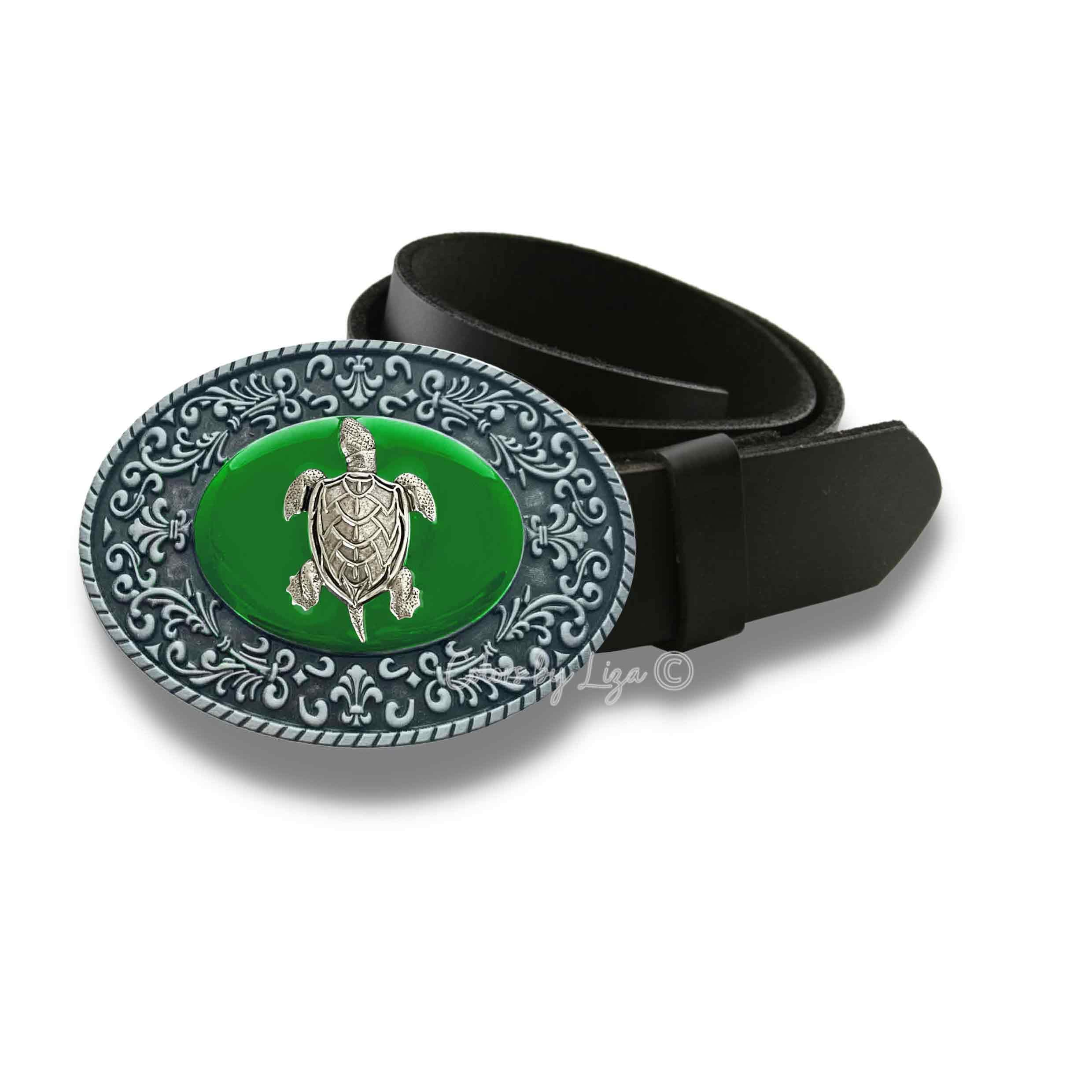 Sea Turtle Belt Buckle: Hand Painted Turquoise Enamel, Snap 
