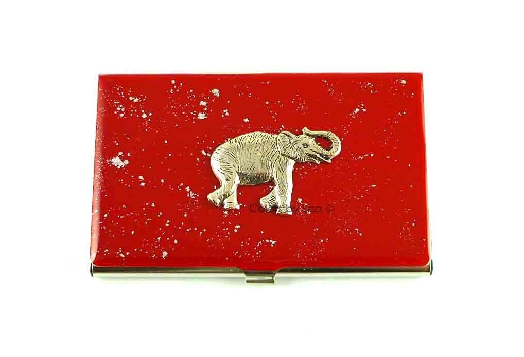 Hand Painted Elephant Business Card Case: Antique Silver, Red Enamel