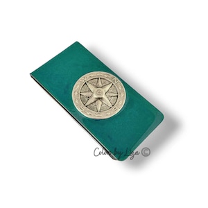 Hand Painted Teal Money Clip: Antique Silver Compass, Personalized Option
