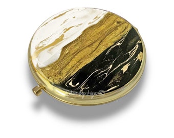 Enamel Compact Mirror Hand Painted in Black and White with Gold Accents Abstract Design with Personalized and Color Options Available