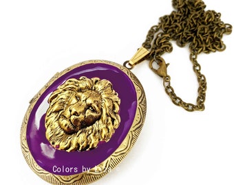 Antique Gold Lion Head Large Locket Hand Painted Purple Enamel Neo Classic Necklace with Color and Personalized Options