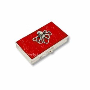 Hand Painted Octopus Pill Box: Red Enamel Nautical Style, Personalized Option