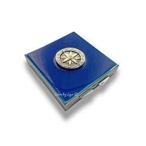 Cobalt Blue Enamel Pill Box: Compass Victorian Design, Personalized Option