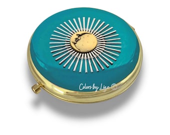 Sun and Moon Compact Mirror Hand Painted Turquoise Opaque Enamel Art Deco Celestial Design with Personalized and Color Options