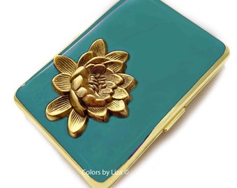 Lotus Flower Cigarette Case Inlaid in Hand Painted Teal Opaque Enamel Metal Wallet with Personalize Color Options